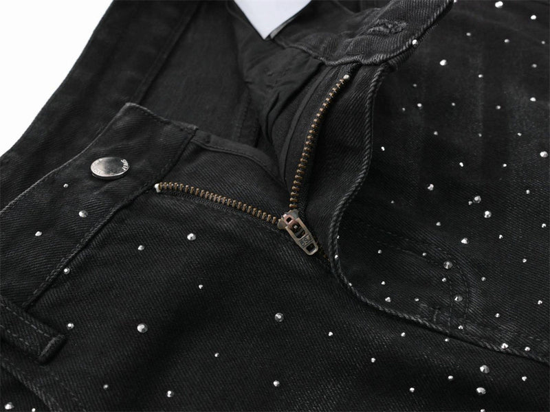 Rhinestone Wide-Leg Jeans – Men's Distressed Denim with Large Cargo Pockets &