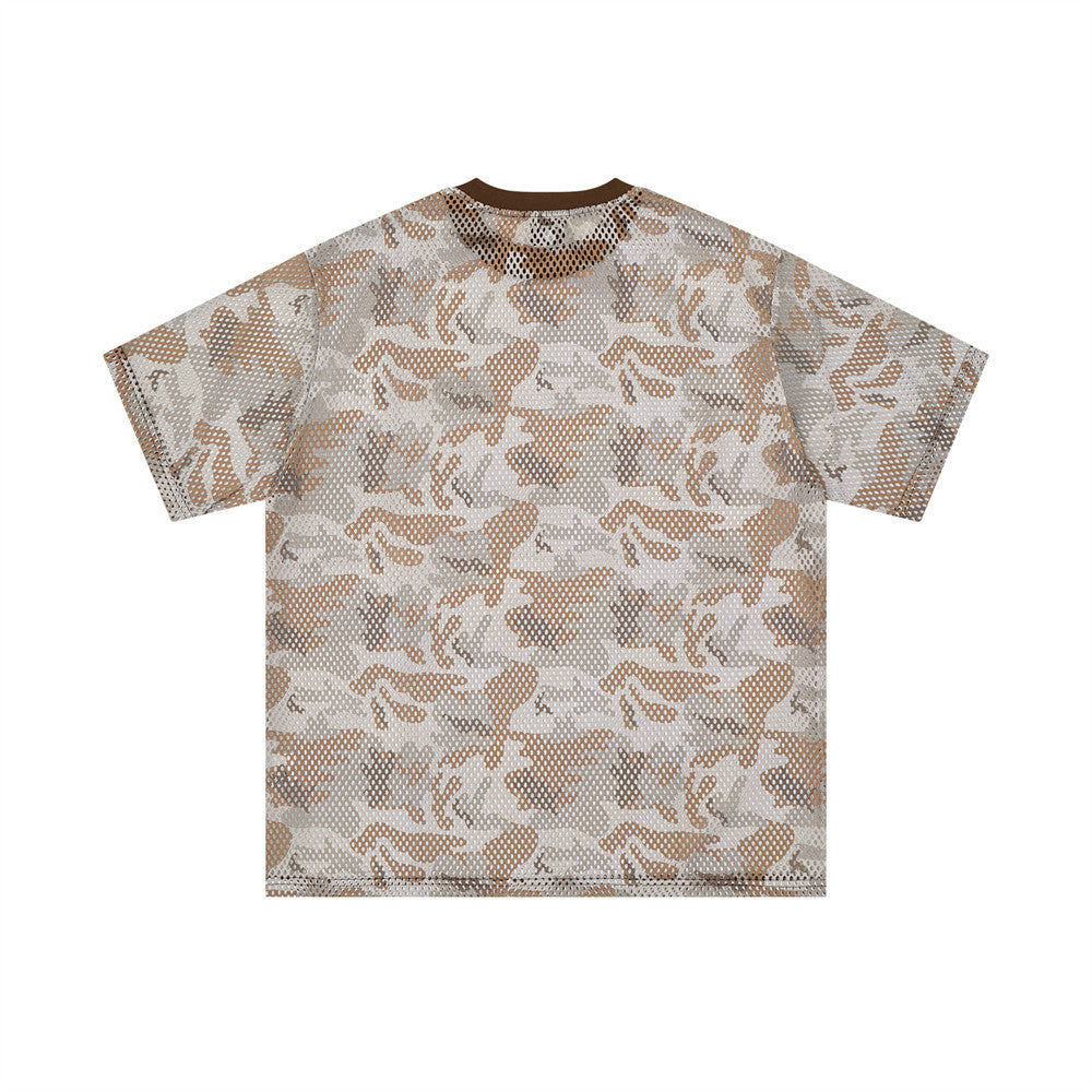 Men's Crew Neck T-Shirt Camo Print Mesh Short Sleeve Oversized Tee
