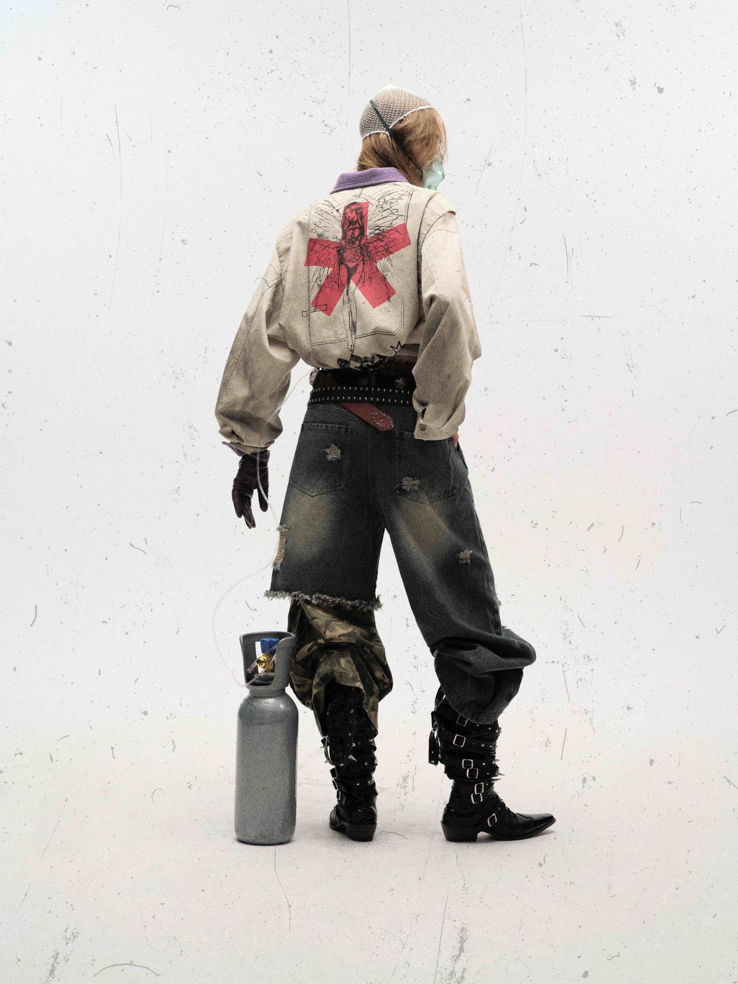 Veste zippée à imprimé graphique – Coton délavé effet usé, col violet et badge