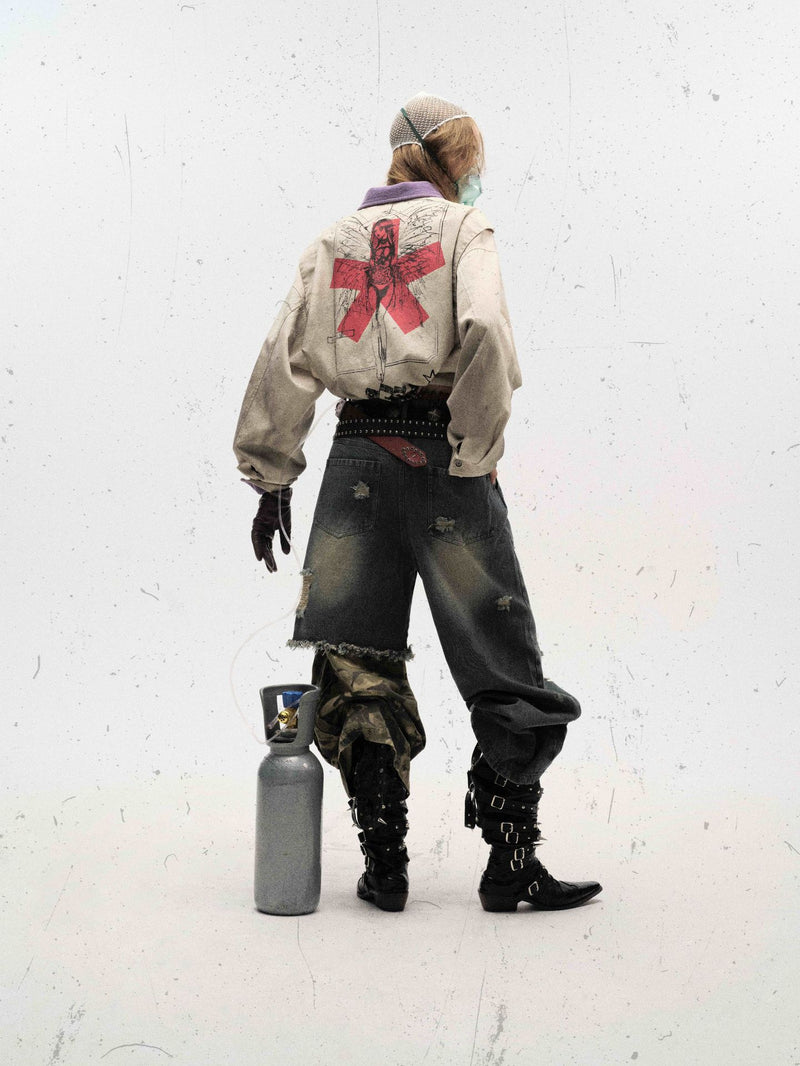Veste zippée à imprimé graphique – Coton délavé effet usé, col violet et badge