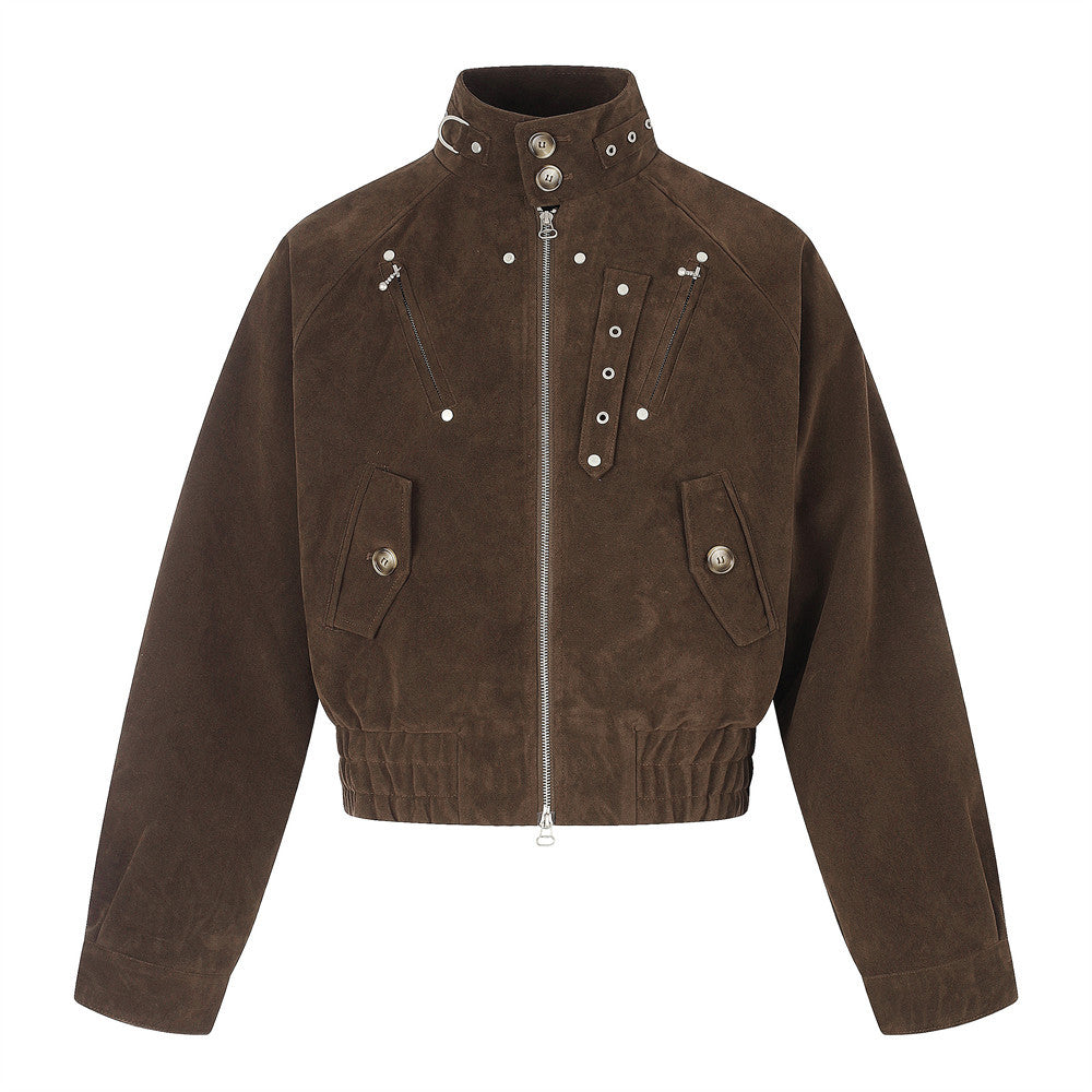 Mens Bomber Jacket – Cropped Stand Collar Zip-Up with Metal Hardware