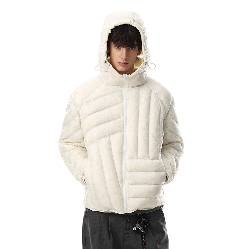 Men's hooded puffer jacket in ivory white with irregular diagonal quilted stitch pattern and adjustable drawstring hood