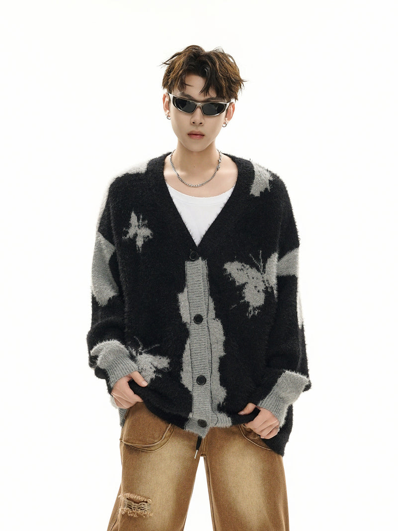 Gilet cardigan en maille jacquard papillon – Col V oversize, maille couple