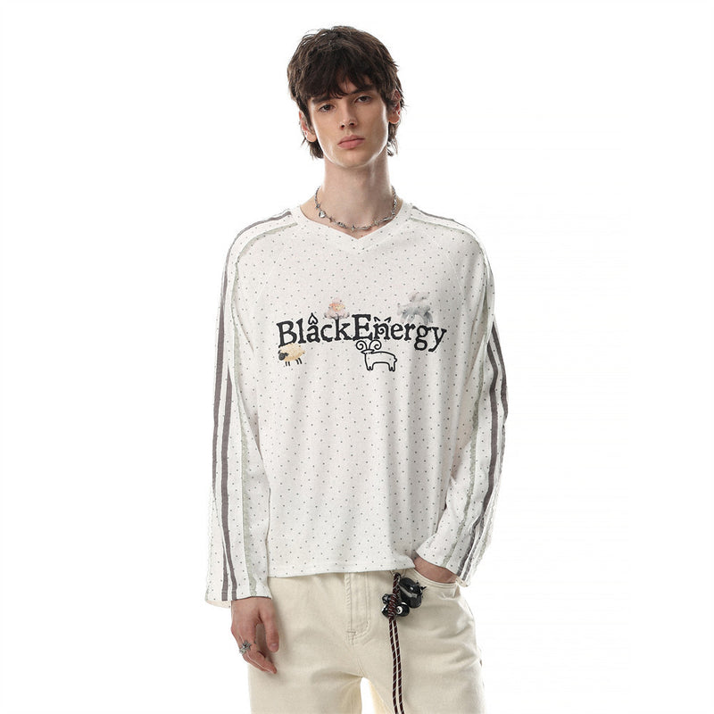 V-Neck Long Sleeve Shirt Men – Polka Dot Print with Side Stripe Detail