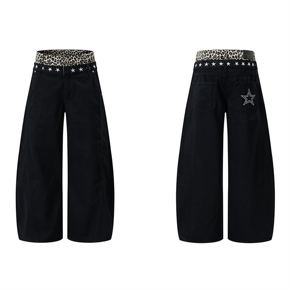 Jean wide leg avec ceinture contrastante léopard et broderie étoile – Noir homme