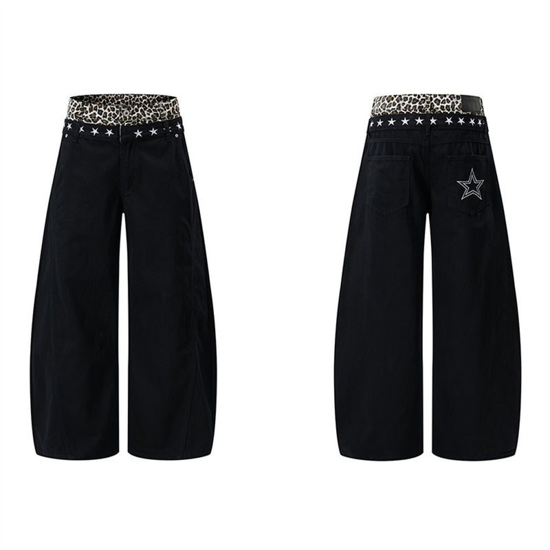 Jean wide leg avec ceinture contrastante léopard et broderie étoile – Noir homme
