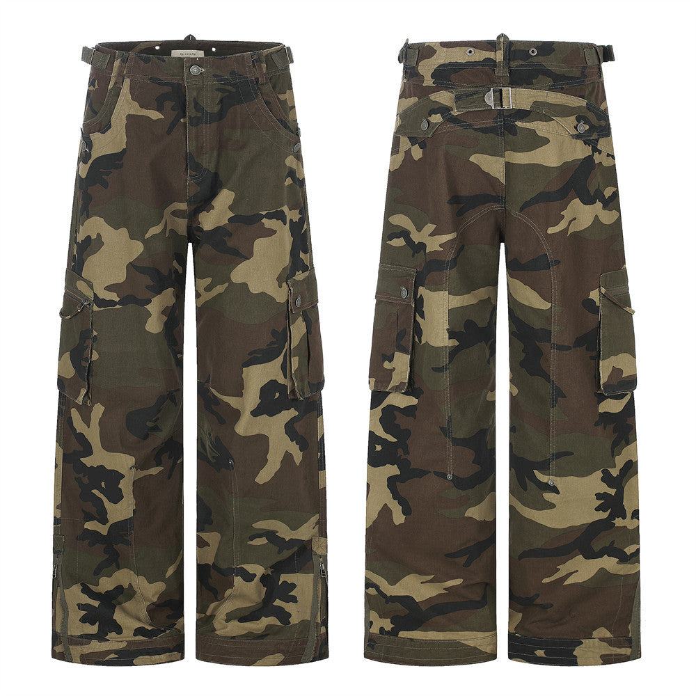 Camo Cargo Pants Wide-Leg Multi-Pocket Zip-Hem Trousers