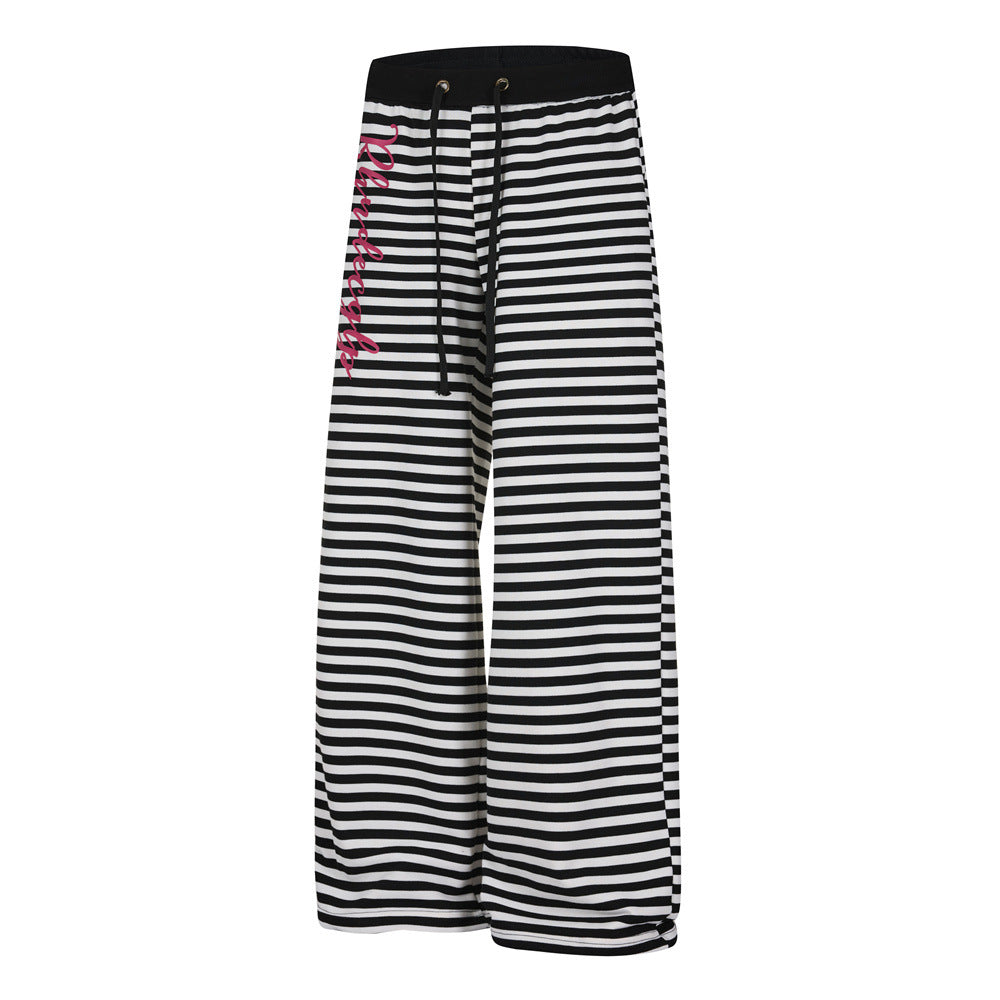 Black & White Striped Wide-Leg Pants with Drawstring Waist
