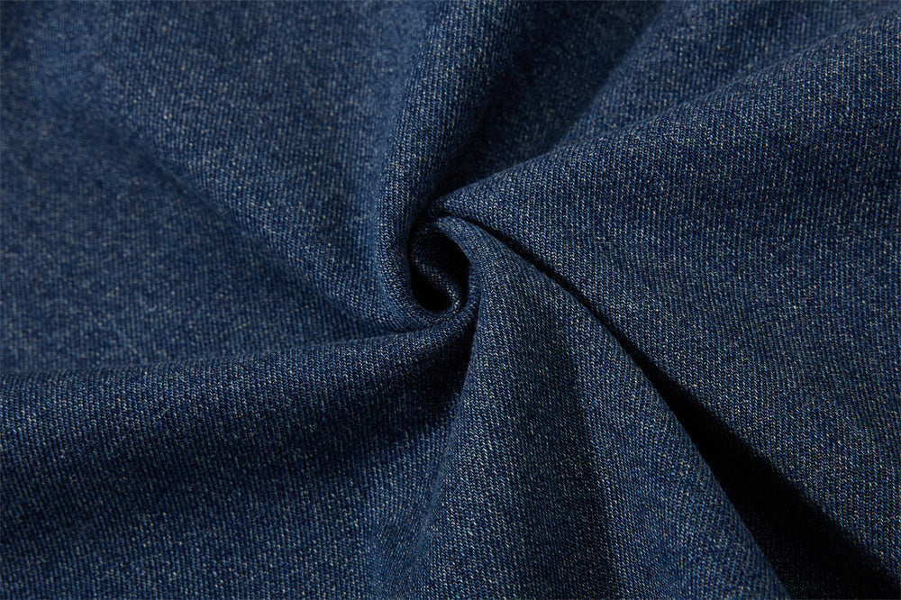 Vintage Washed Denim Sweatshirt – V-Neck Baseball Embroidery Oversized Pullover