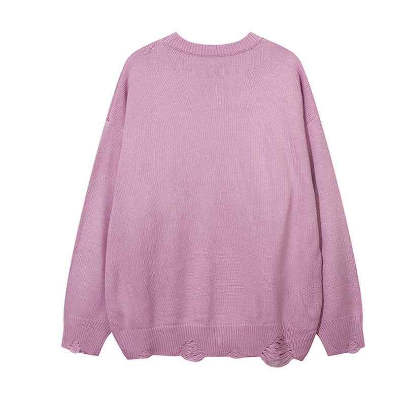 Distressed Knit Crewneck Sweater with Graffiti Letter Appliqué – Oversized