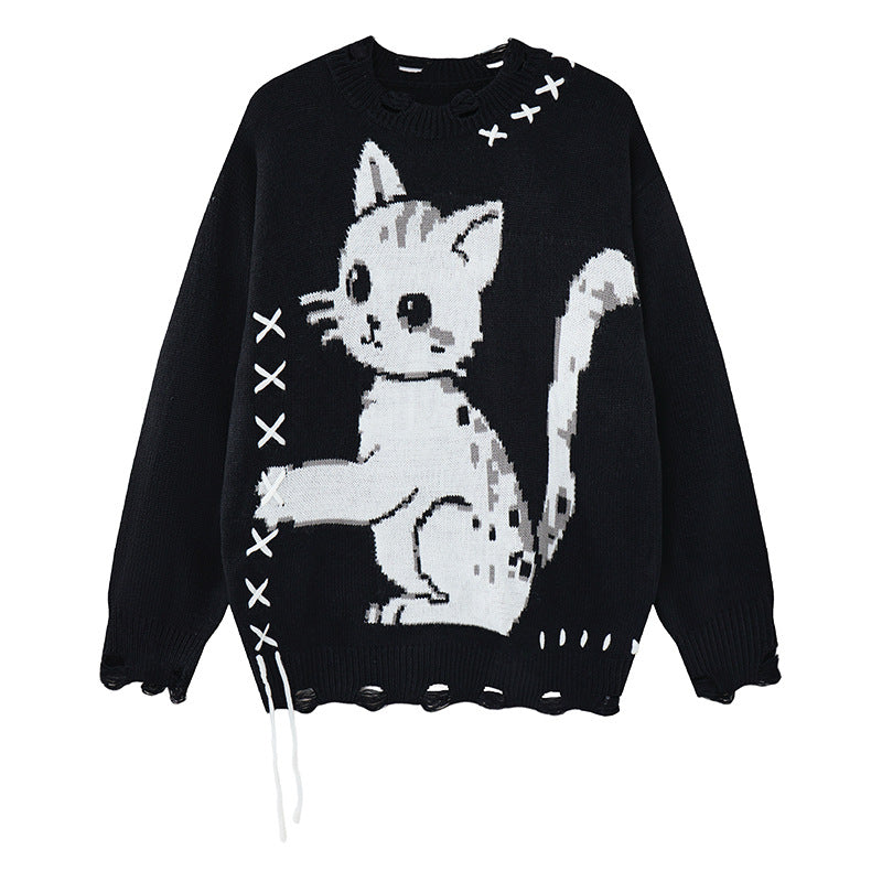 Pull oversize en maille à col rond avec motif de chat pixel art, ourlet effet usé et détail en point de croix X, coloris noir