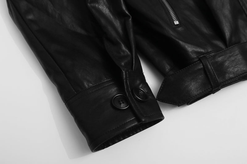 Faux Leather Biker Jacket – Oversized Stand Collar, Double-Breasted, Moto Style