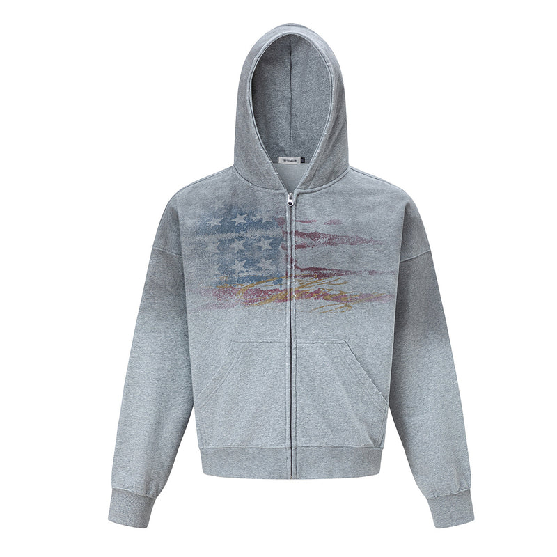 Sweat à capuche zippé avec drapeau américain effet usé, gris chiné, et motif graphique vintage délavé, vue de face