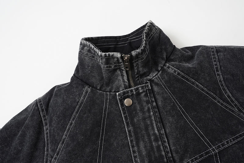 Washed Denim Padded Bomber Jacket – Deconstructed Moto-Inspired Outerwear