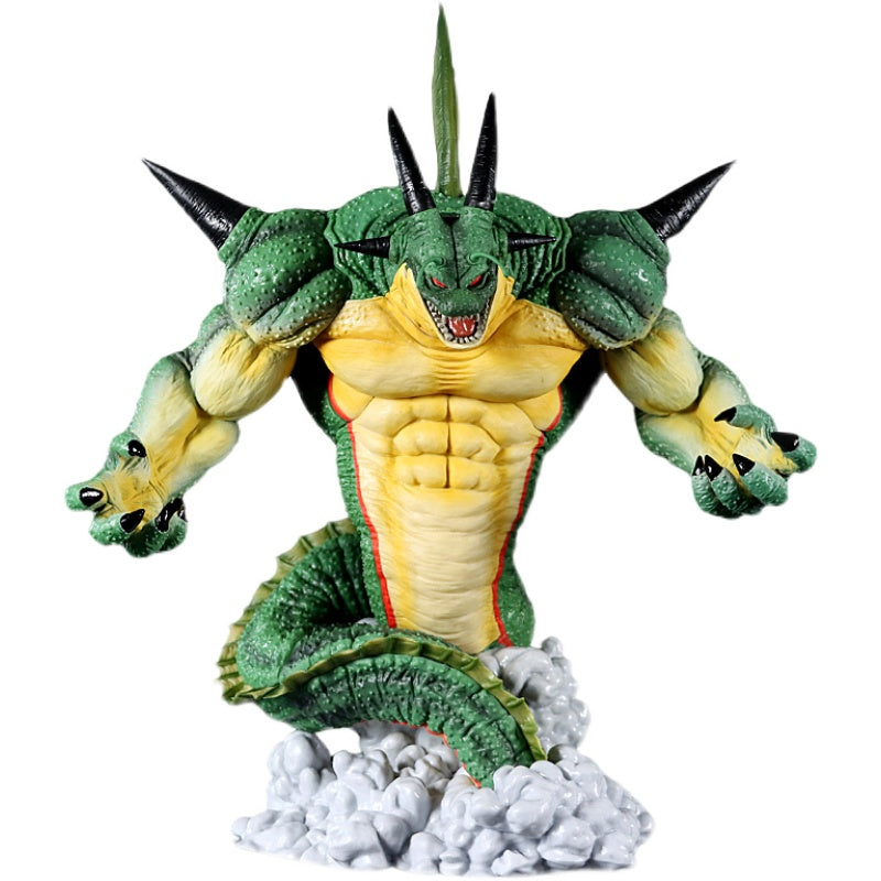 The Shenron Broly Collectible Figure by Seakoff is a 37cm premium action figure depicting a muscular green dragon with black horns, a yellow underbelly, and a serpentine body amidst gray clouds, capturing an aggressive expression.