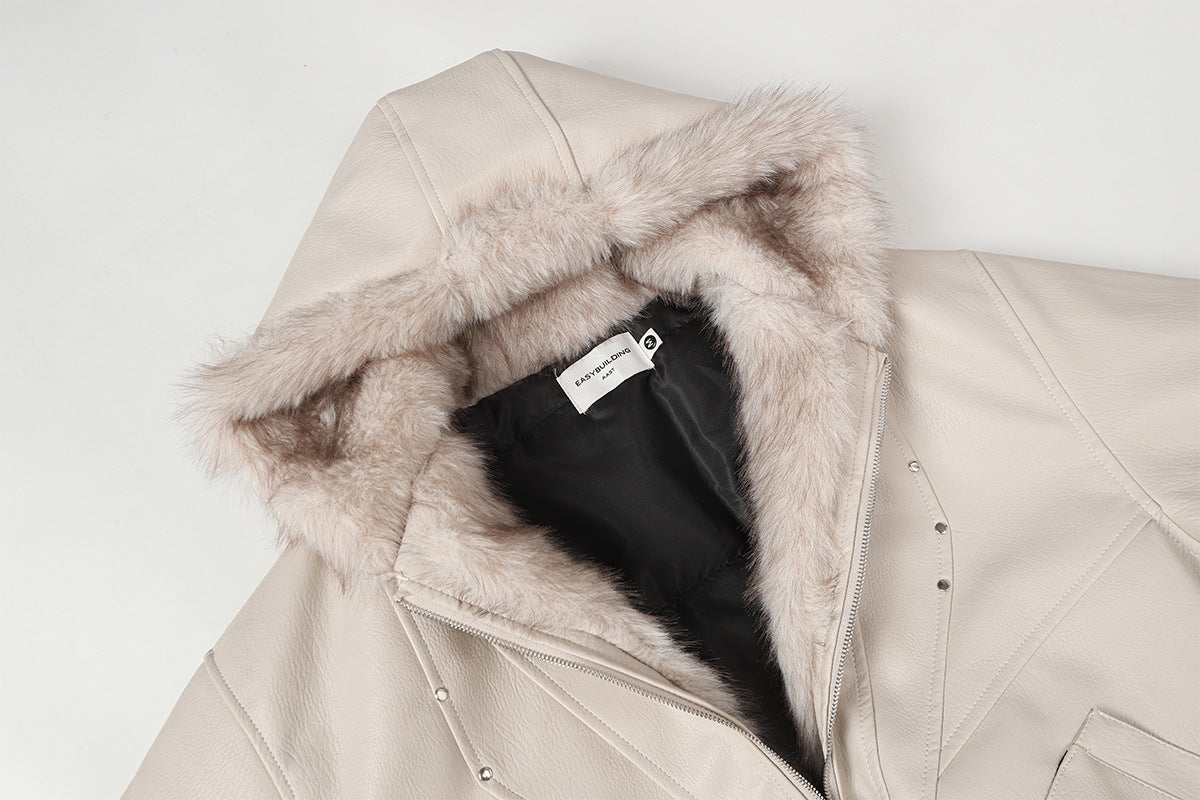 Faux Leather Hooded Bomber Jacket with Faux Fur Collar & Padded Lining