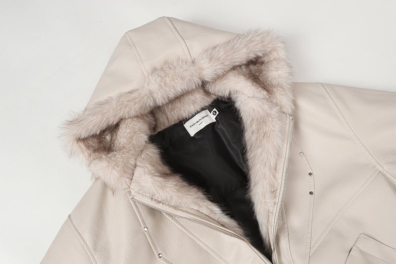 Faux Leather Hooded Bomber Jacket with Faux Fur Collar & Padded Lining