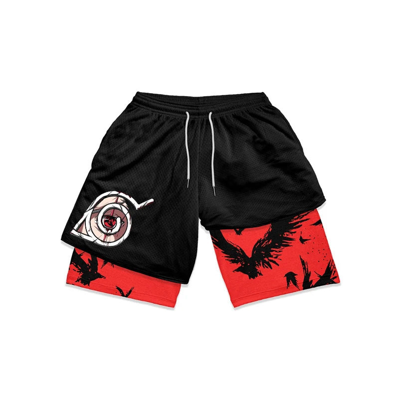 Itachi Uchiha Naruto Gym Shorts - กางเกงขาสั้นการออกกำลังกายอนิเมะสำหรับผู้ชายและผู้หญิง | เครื่องแต่งกายฟิตเนส Sharingan พร้อมการออกแบบอีกา