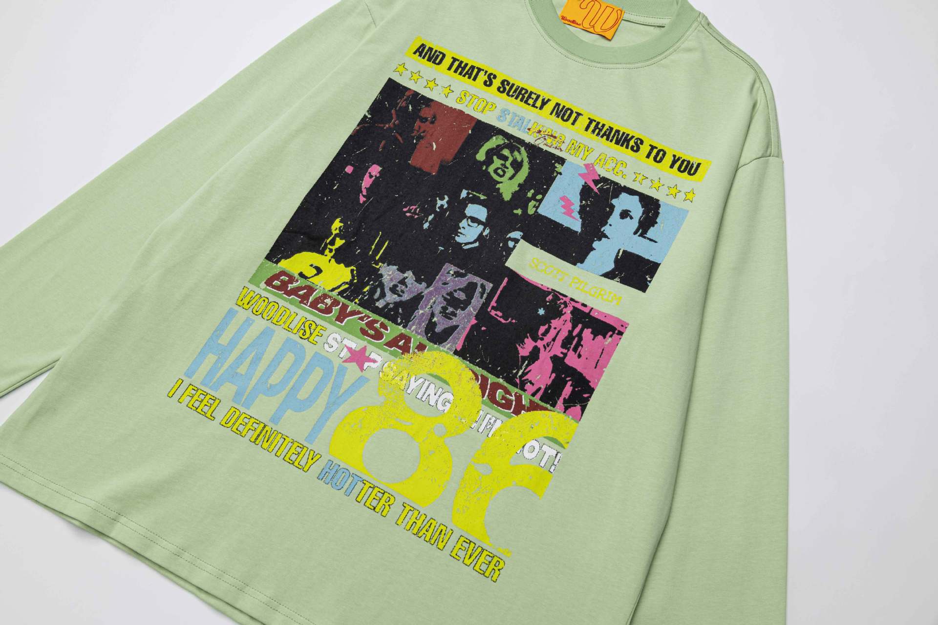 Camiseta gráfica de manga larga – Estampado pop art retro de Scott Pilgrim, cuello redondo streetwear