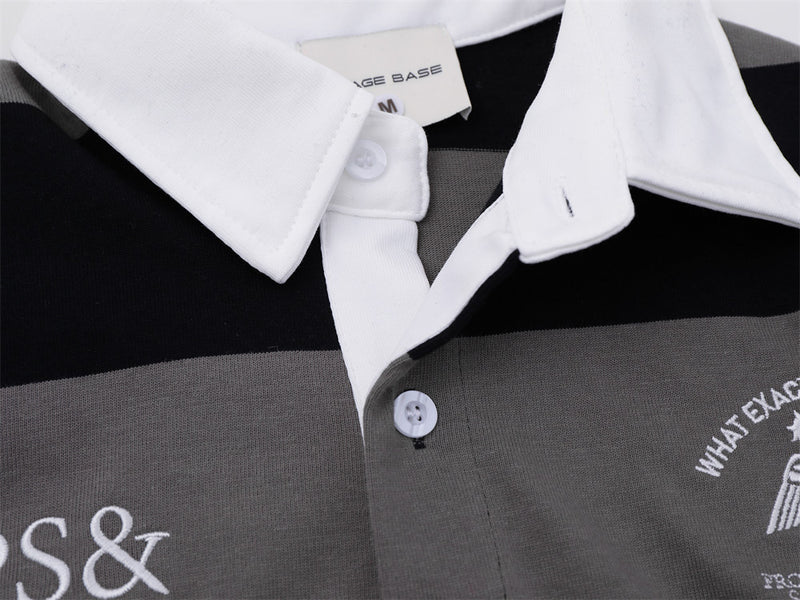 Striped Rugby Polo Shirt – Long Sleeve Color-Block Oversized Fit with Letter