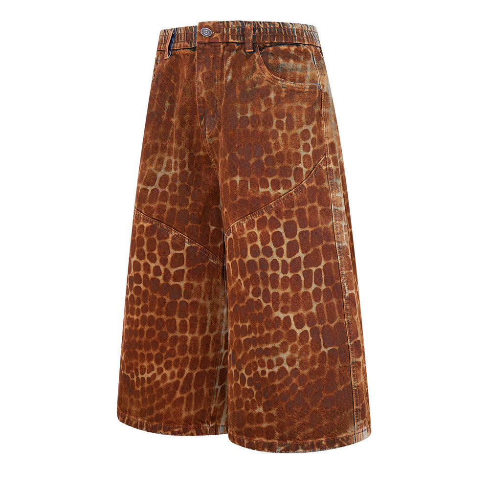 Leopard Print Wide-Leg Denim Shorts – Washed Rust Brown Animal Print