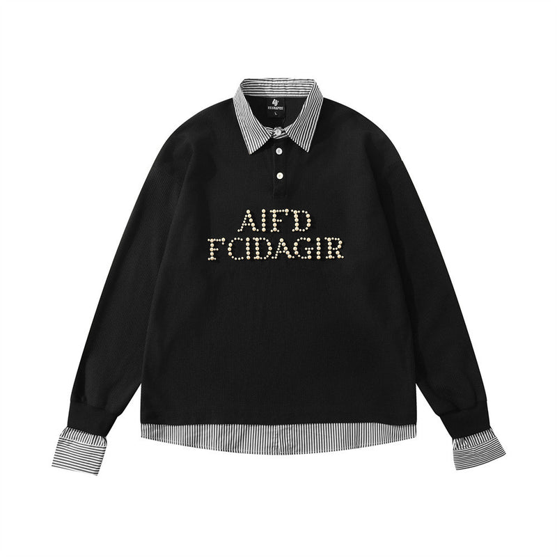 Men's faux-layered polo sweatshirt with pearl stud letter graphic on chest and black-and-white striped collar and cuffs, show