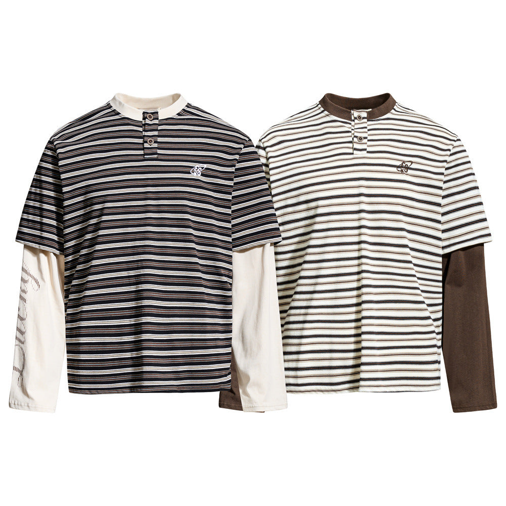 Two striped long sleeve Henley tees layered together, front view in black and cream