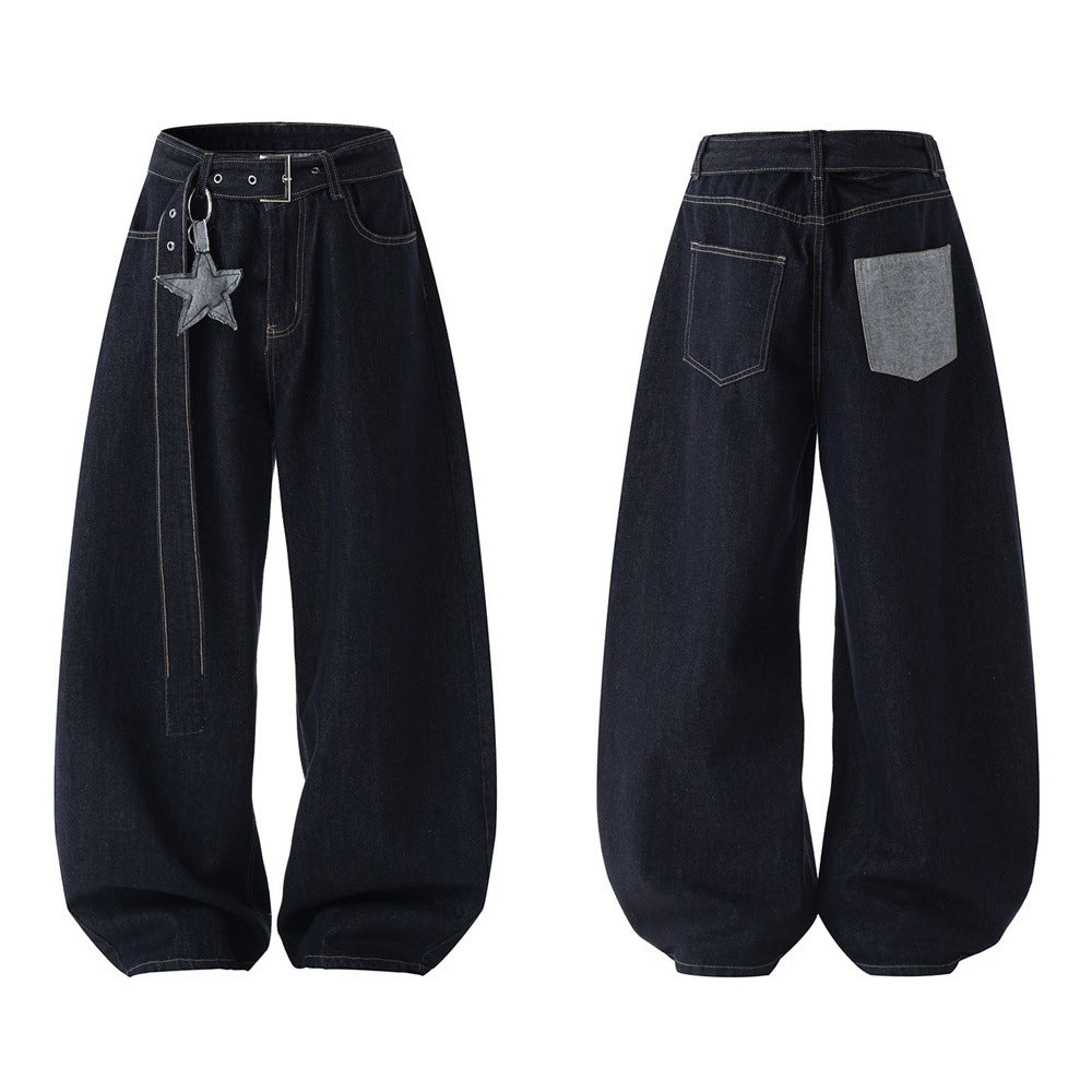 Men's dark indigo wide-leg barrel jeans with denim star charm belt and contrast grey back pocket