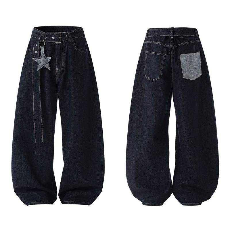 Men's dark indigo wide-leg barrel jeans with denim star charm belt and contrast grey back pocket