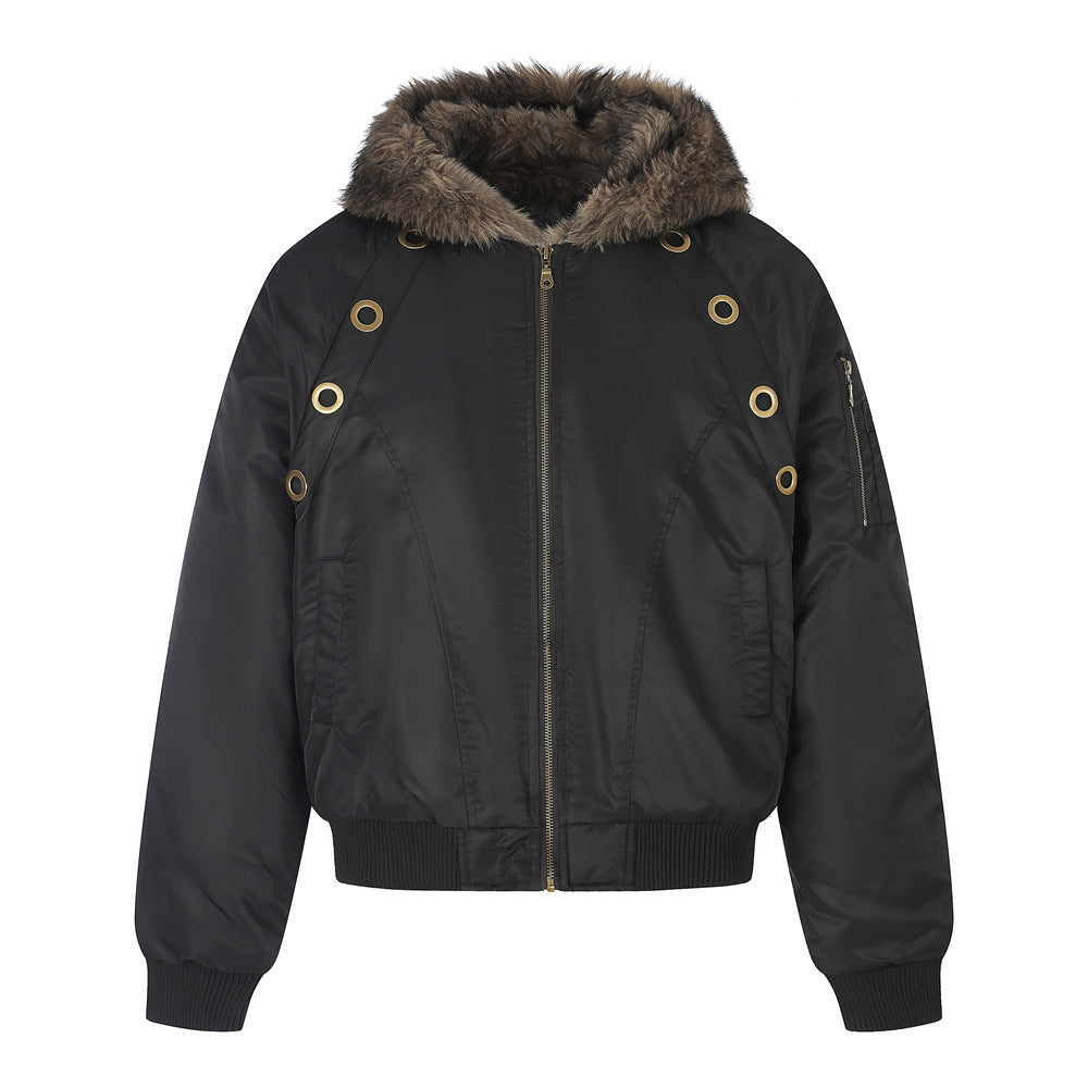 Faux Fur Hood Bomber Jacket – Metal Eyelet Detail Men's Winter Padded Flight