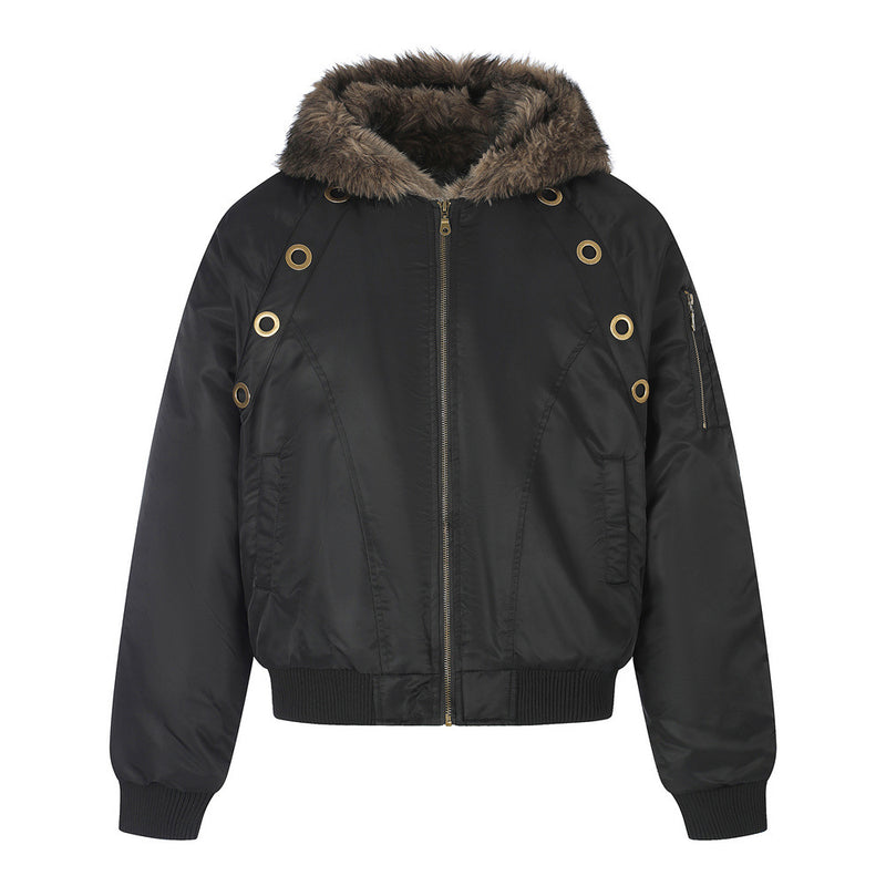 Faux Fur Hood Bomber Jacket – Metal Eyelet Detail Men's Winter Padded Flight