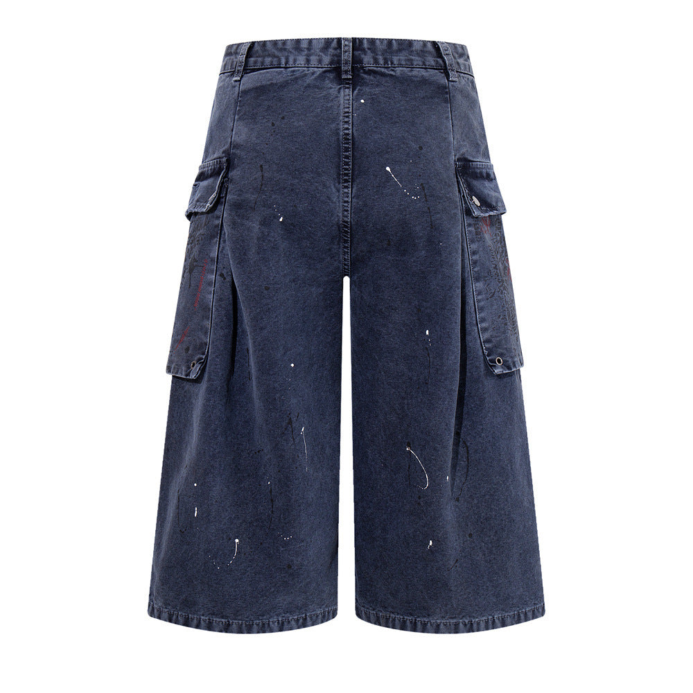 Paint Splatter Cargo Denim Shorts – Wide-Leg Washed Streetwear