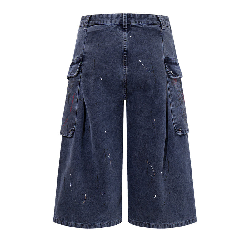 Paint Splatter Cargo Denim Shorts – Wide-Leg Washed Streetwear