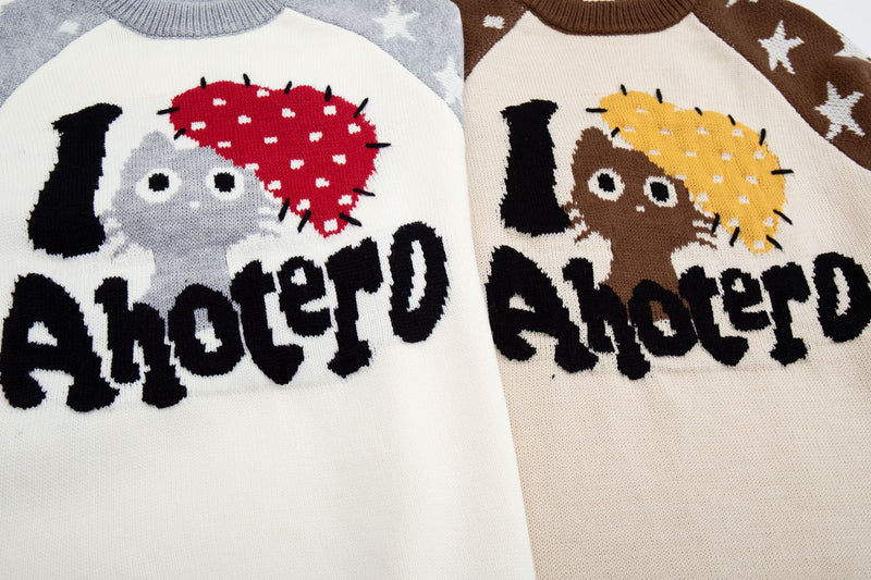 Pull marron à col rond – Maille color-block chats cartoon et étoiles