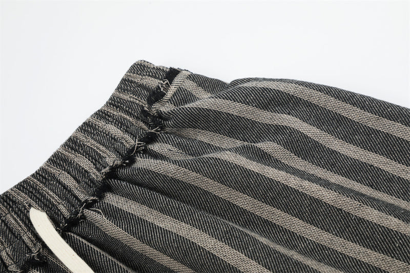 Wide-Leg Striped Drawstring Pants – Vintage Distressed Raw-Hem