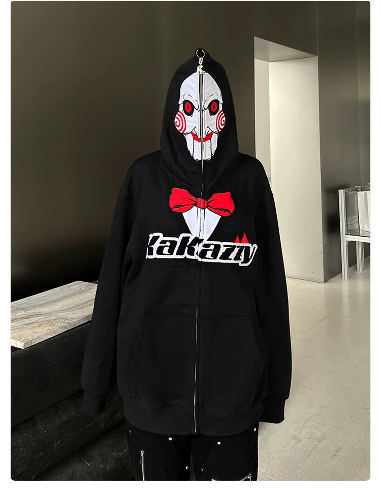 Saw-Inspired Hoodie - 400GSM Oversized Black Zip-Up Horror Movie Sweatshirt