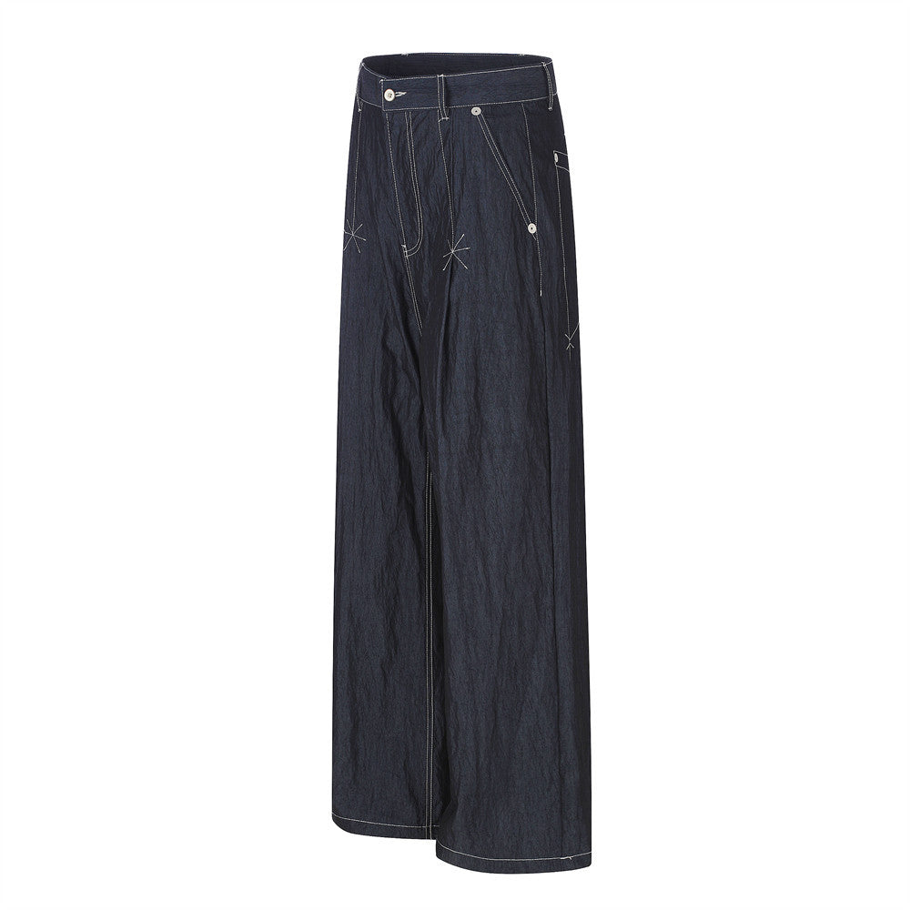 Wide-Leg Denim Pants with Contrast Stitching and Star Tack Details