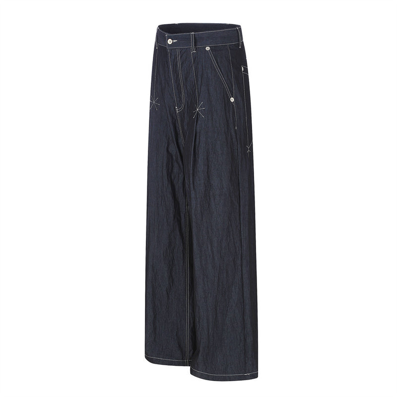 Wide-Leg Denim Pants with Contrast Stitching and Star Tack Details