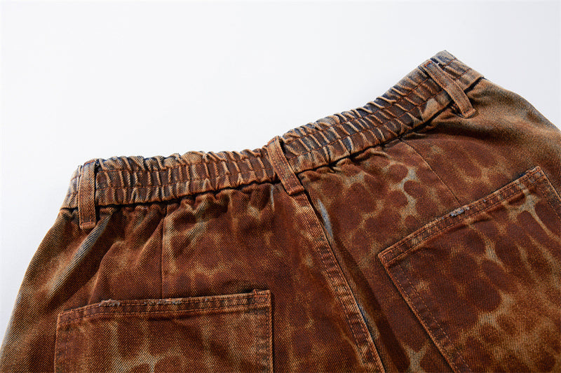 Leopard Print Wide-Leg Denim Shorts – Washed Rust Brown Animal Print