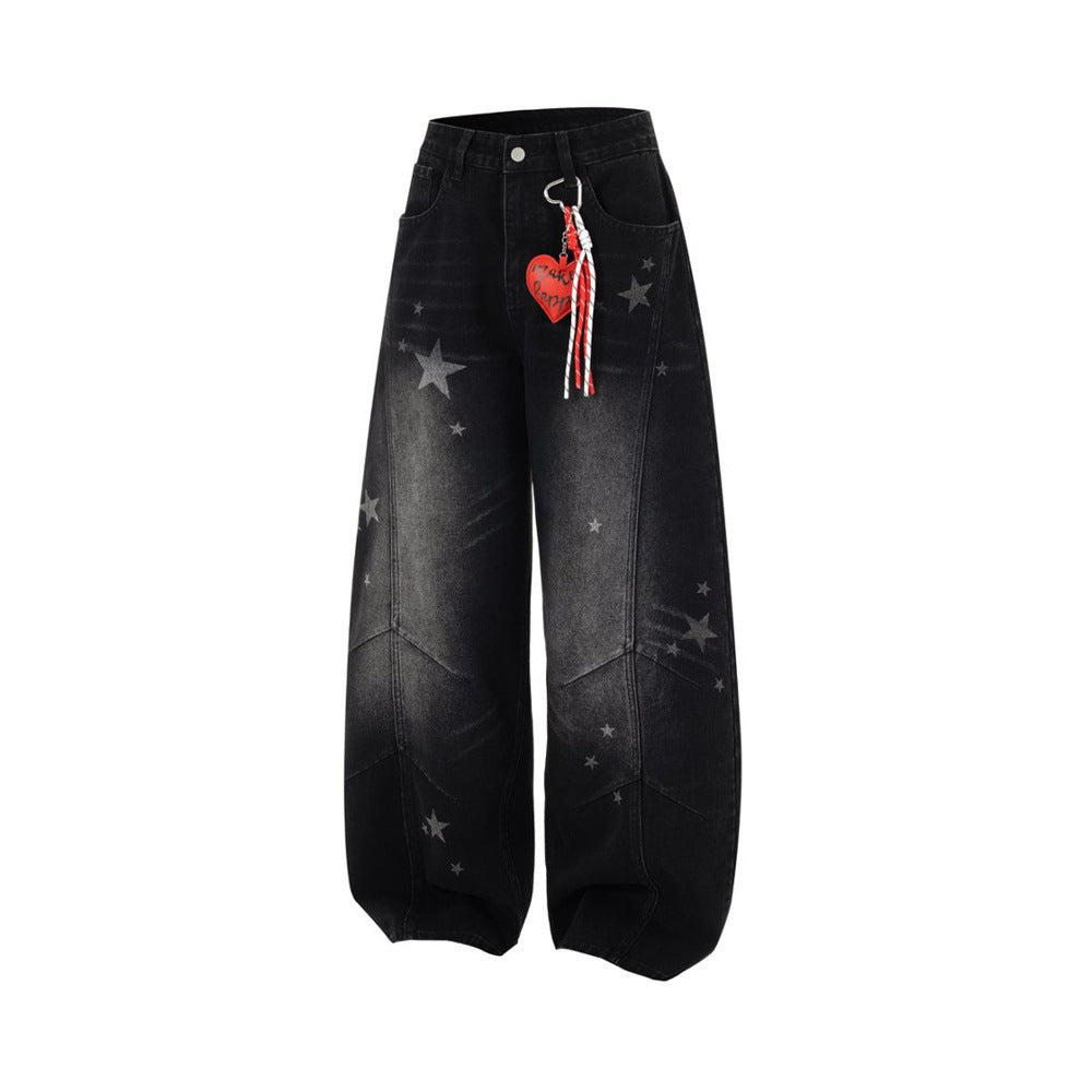 Star Print Wide-Leg Jeans – Men's Baggy Black Denim with Heart Charm