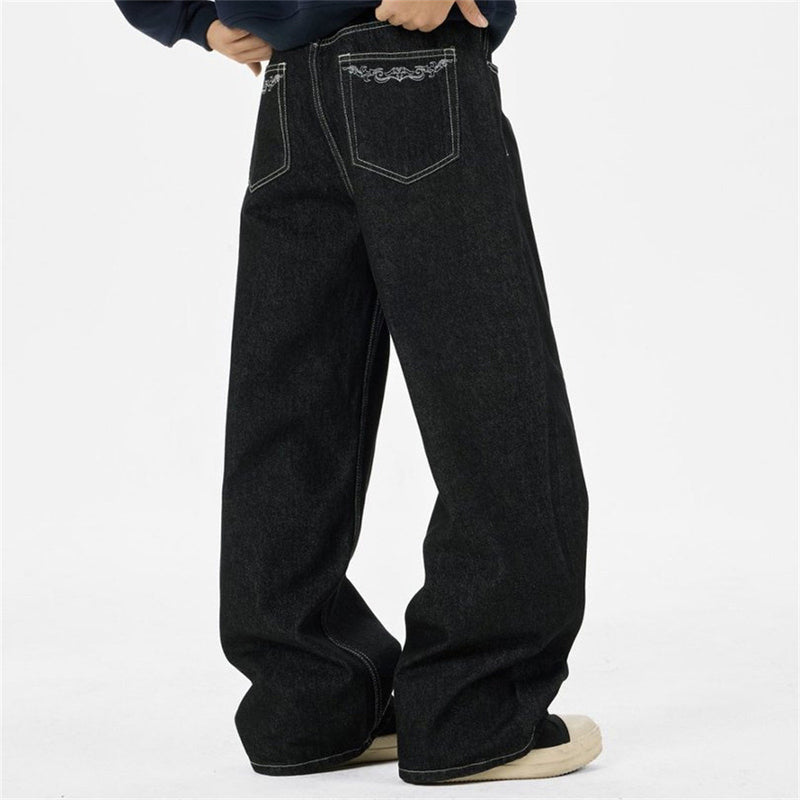 Black Wide-Leg Jeans – Metal Hook Closure & Contrast Stitching Streetwear Denim