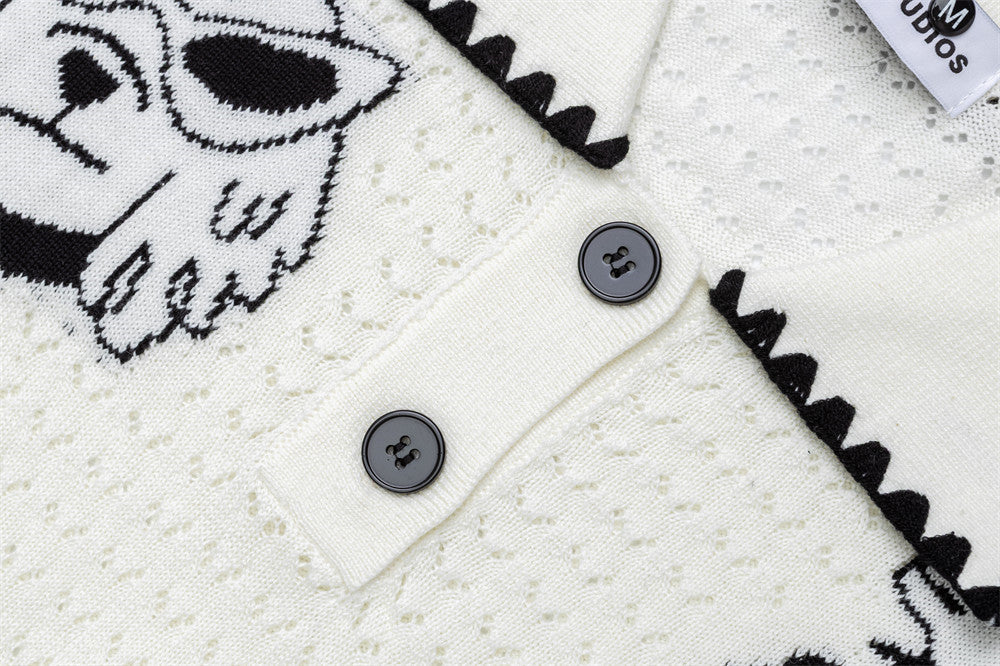 Jersey de Punto Jacquard con Perros Cartoon – Oversize, Cuello Polo y Manga Larga