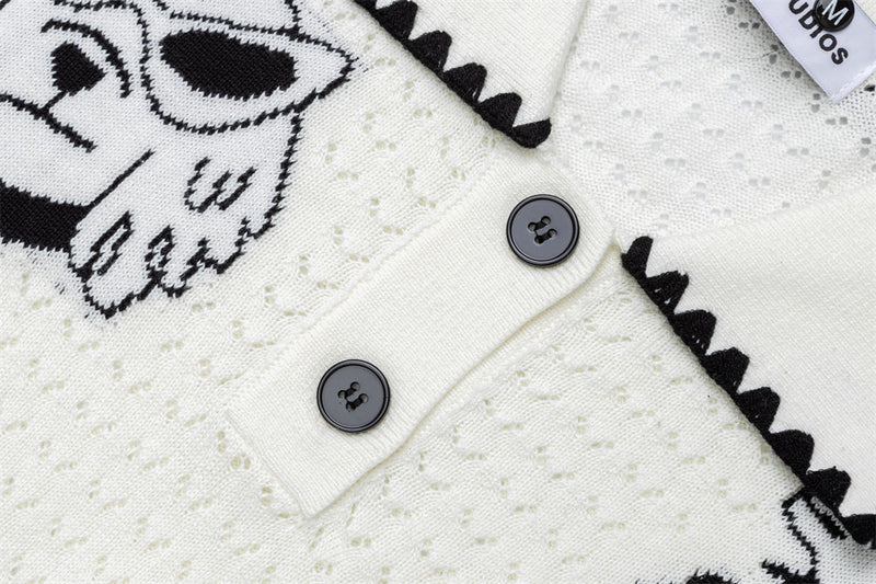 Jersey de Punto Jacquard con Perros Cartoon – Oversize, Cuello Polo y Manga Larga