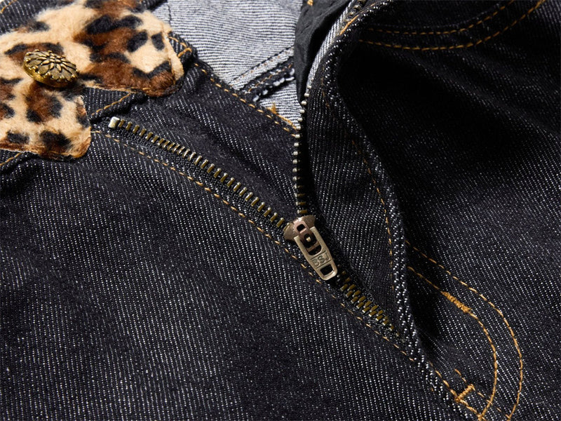 Loose Fit Jeans Men – Black Wide-Leg Denim with Leopard Print Appliqué Patches