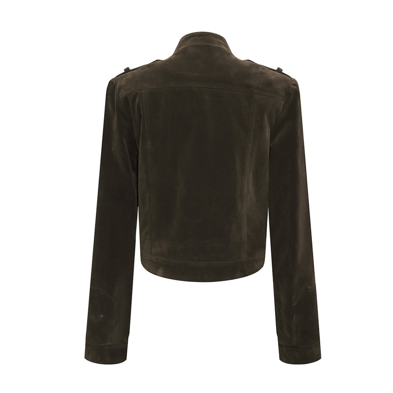 Suede Moto Biker Jacket – Cropped Stand Collar Asymmetric Zip