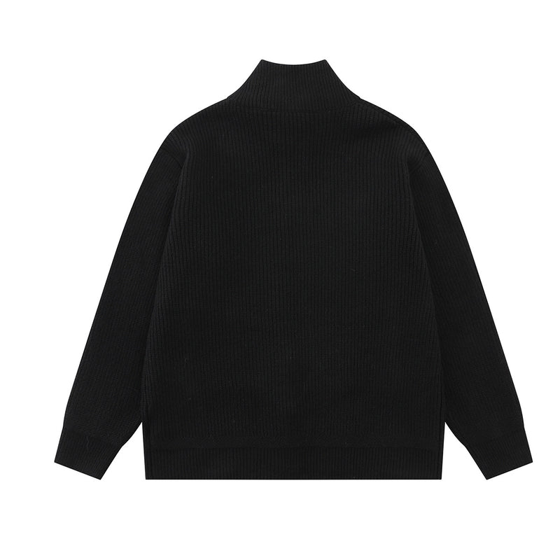 Ribbed Knit Mock-Neck Zip Cardigan with Leather Buckle Detail