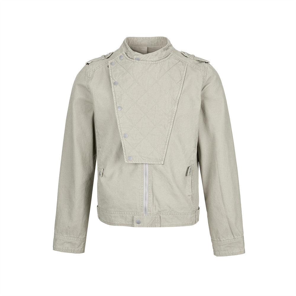 Men's Quilted Panel Moto Biker Jacket – Stand Collar, Asymmetric Snap Closure