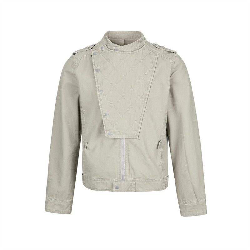 Men's Quilted Panel Moto Biker Jacket – Stand Collar, Asymmetric Snap Closure