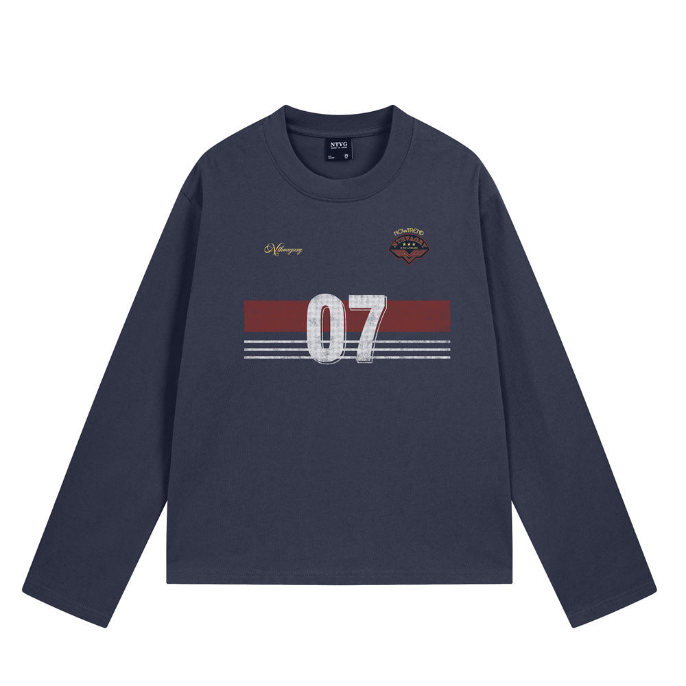 Herren-Langarm-T-Shirt mit Rundhalsausschnitt und Grafikprint mit der Zahl 07 und Streifen im Used-Look in Marineblau und Grau meliert