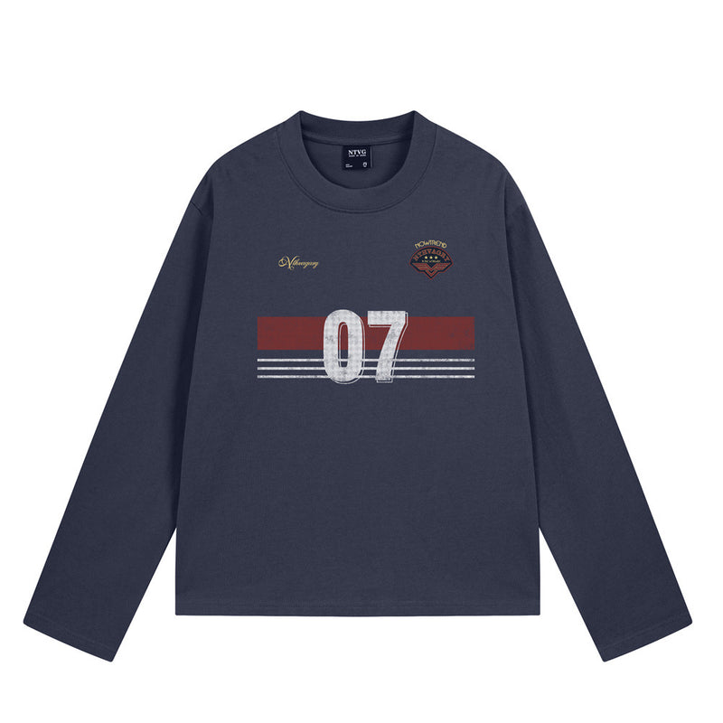 Herren-Langarm-T-Shirt mit Rundhalsausschnitt und Grafikprint mit der Zahl 07 und Streifen im Used-Look in Marineblau und Grau meliert